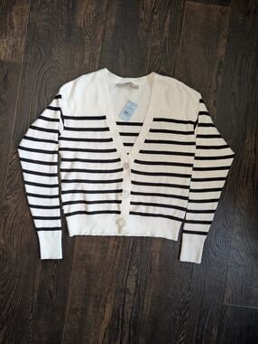 LOFT Petites Striped V-Neck Cardigan Sweater Size S Small Petite Cream Black